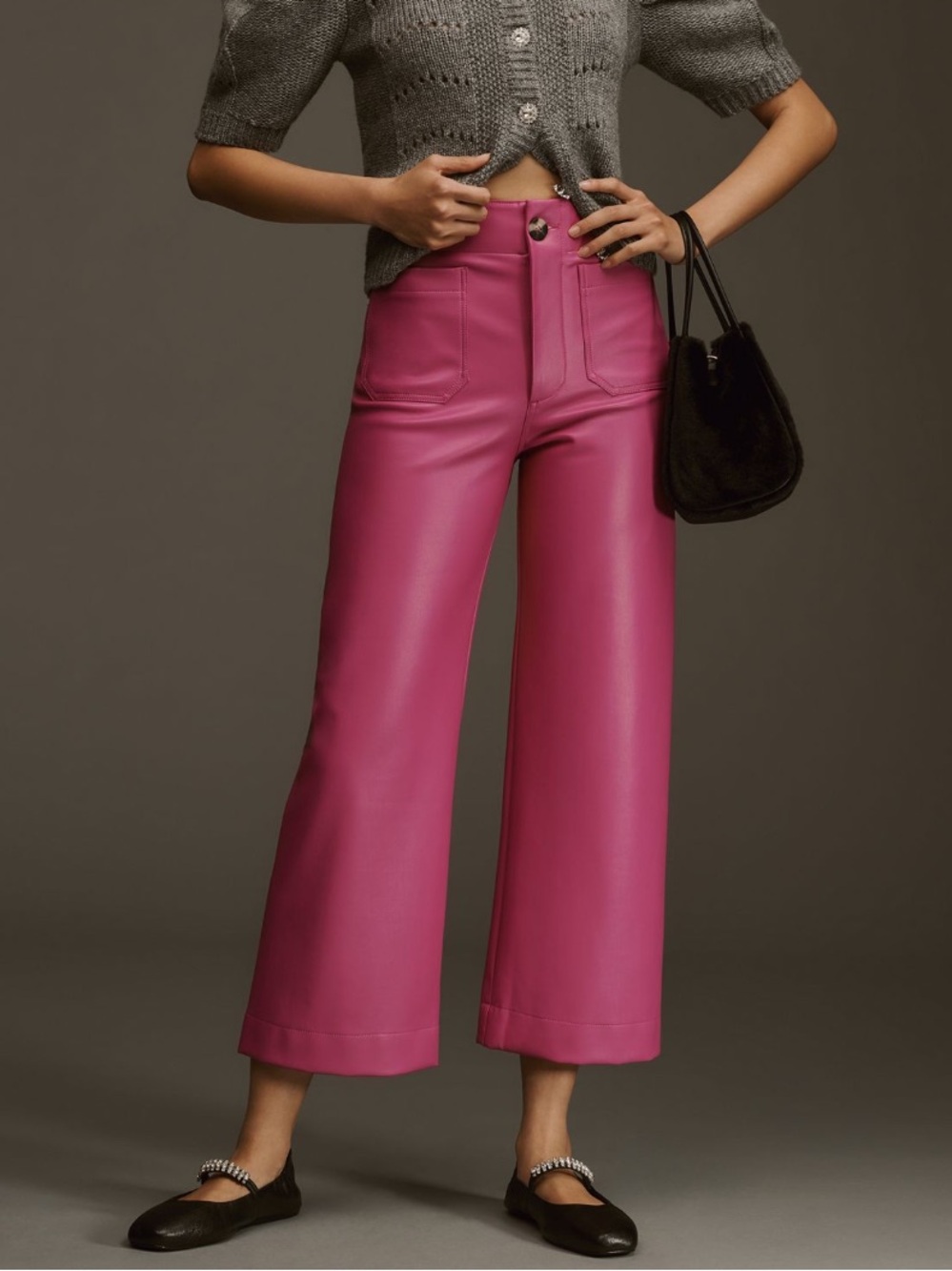 Anthropologie Maeve Collette Faux Leather High-Rise Wide-Leg Pants Bright Pink